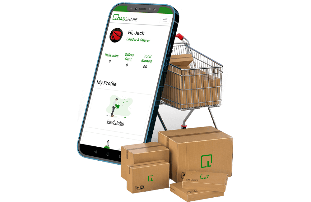 LoadShare app displayed on a phone, leant up against a shopping cart, surrounded by boxes